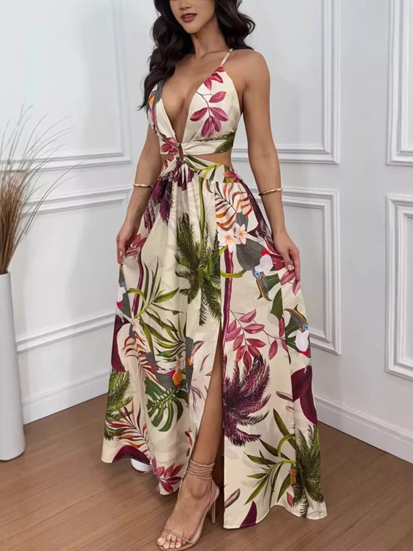 Tropical Print Plunge Cutout Slit Maxi Dress by Trendsi