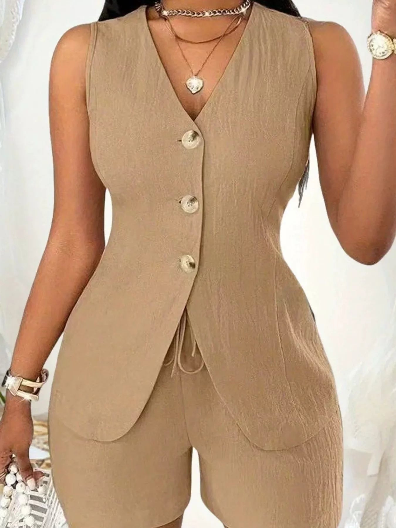 Sleeveless Button-Down Vest & Shorts Set by Trendsi