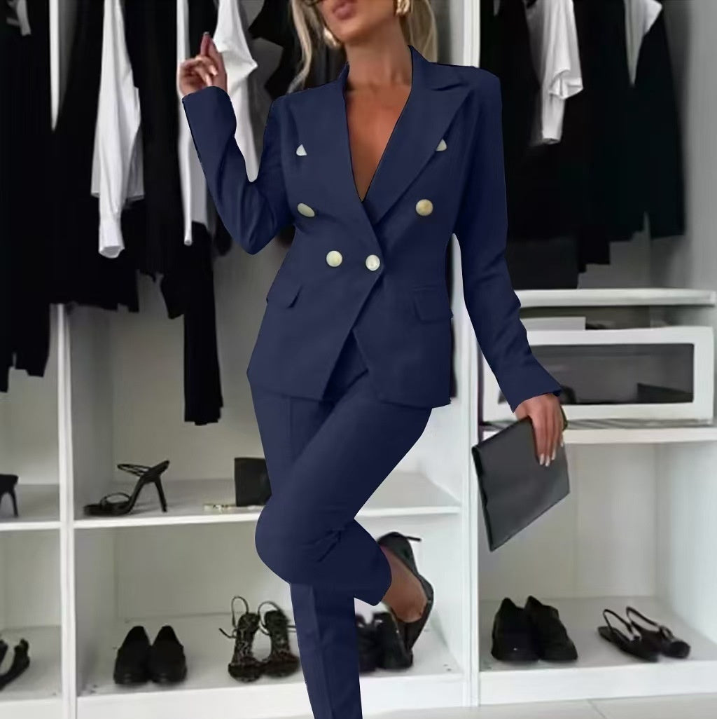 Casual Blazer Suit Slim Lapel Double-breasted Jacket And Zip-up Trousers Women's Clothing by Royal Closet