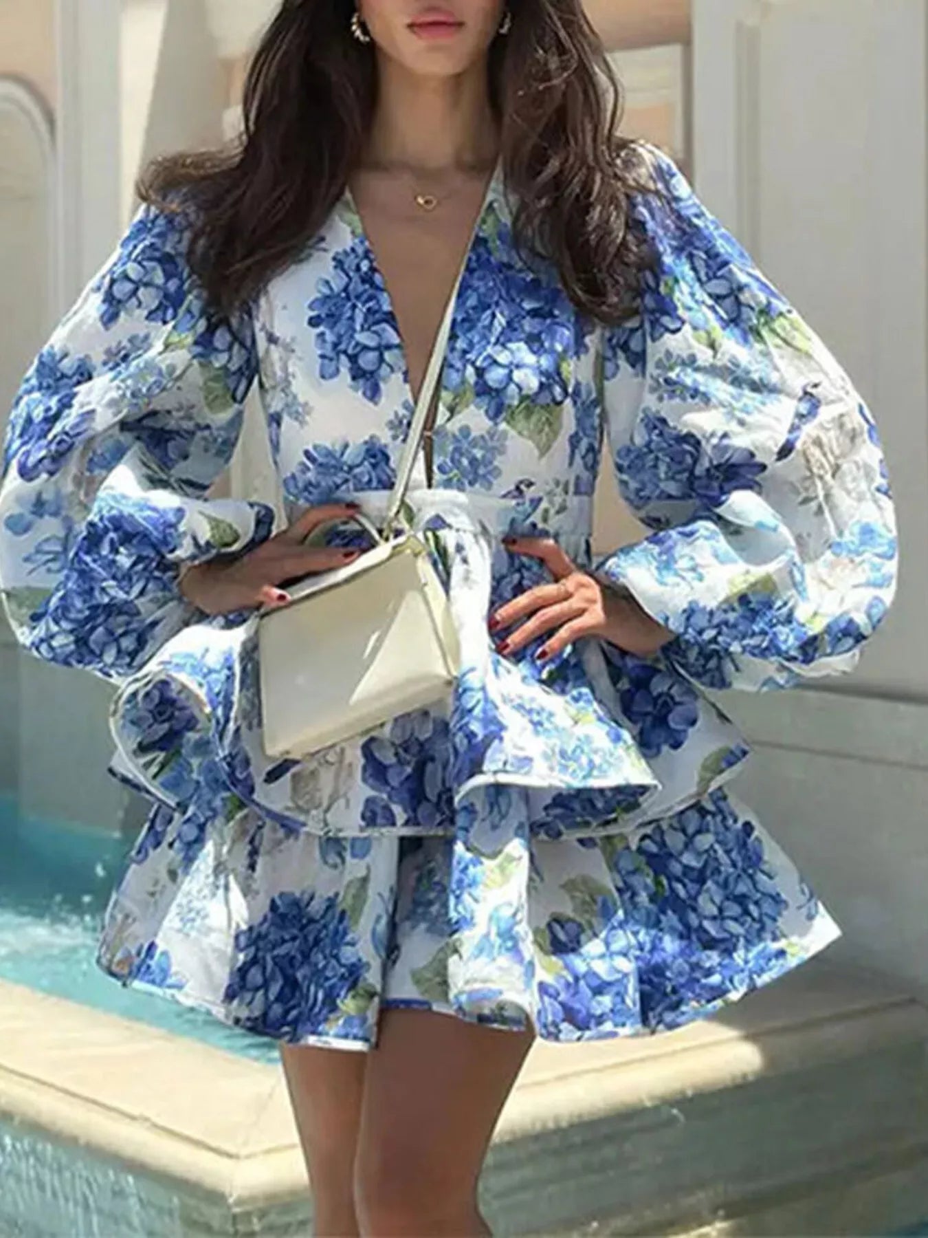 Floral Print Ruffle Layered Mini Dress by Trendsi
