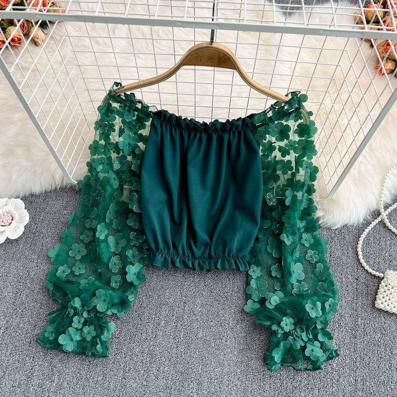 Off Shoulder Three Dimensional Flower Perspective Mesh Patchwork Chiffon Shirt for Womens Loose Waist Short Off Shoulder Top by eprolo