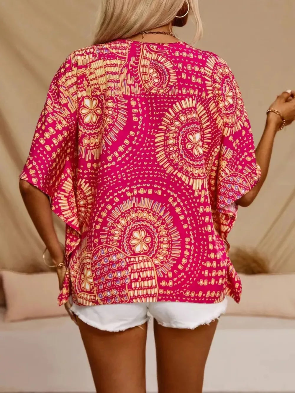 Printed V-Neck Half Sleeve Top by Trendsi