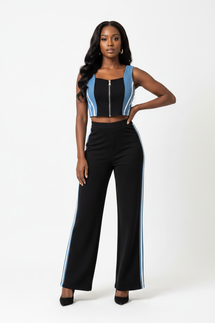 Zip Front Contrast Tank and Side Striped Pants Set by Trendsi