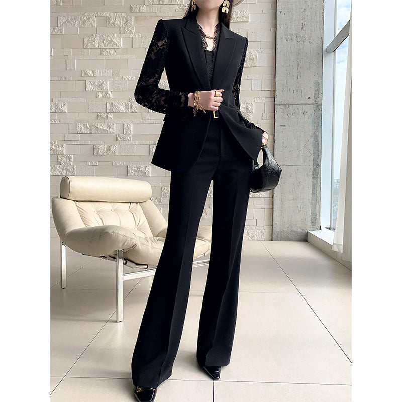 One Button Lace Panelled Blazer And Trousers Two Piece Set by Royal Closet