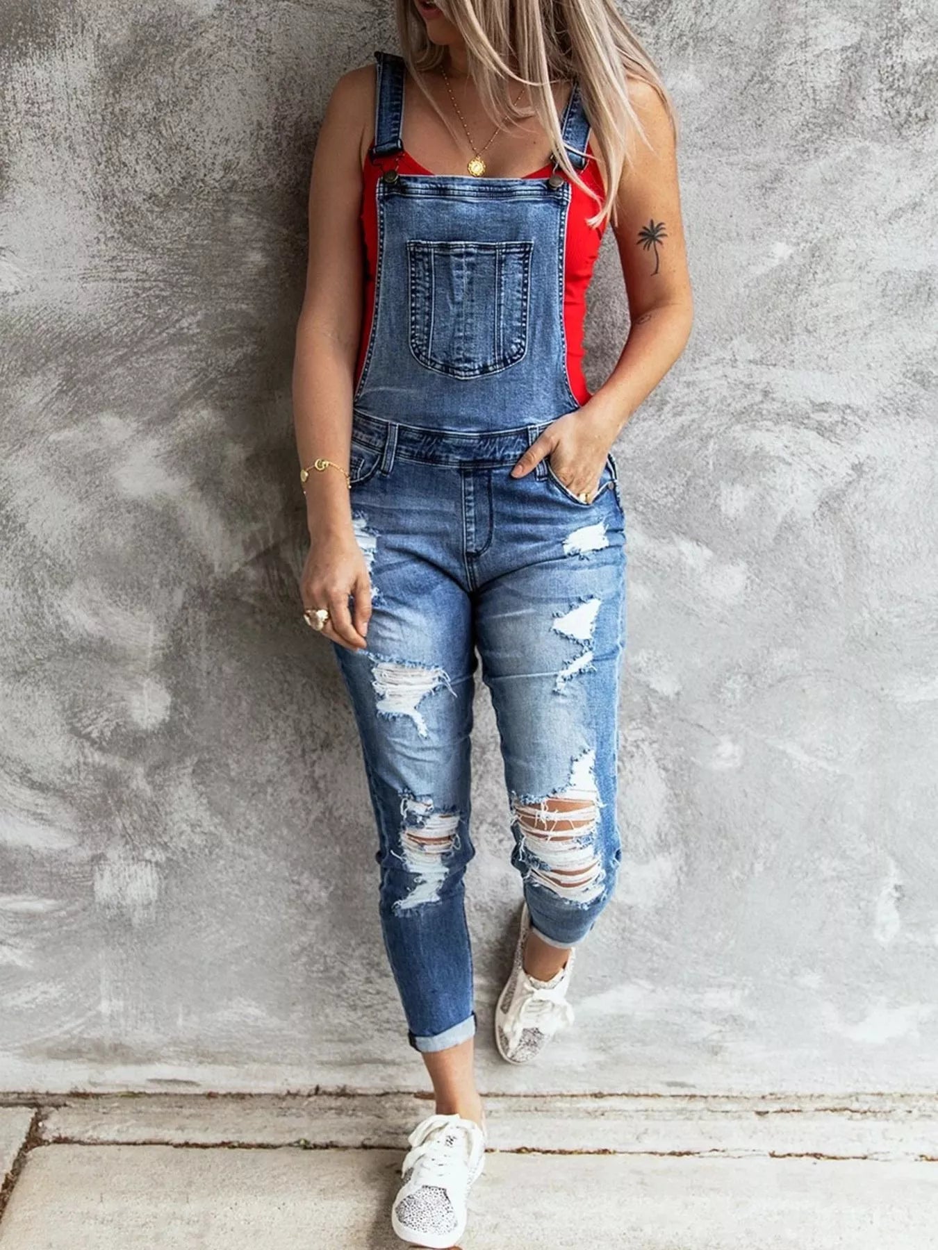 Wide Strap Distressed Denim Overalls by Trendsi