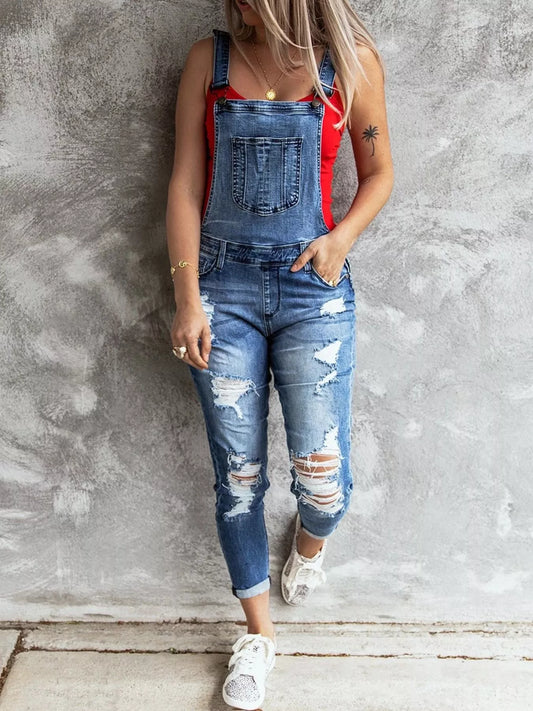 Wide Strap Distressed Denim Overalls by Trendsi