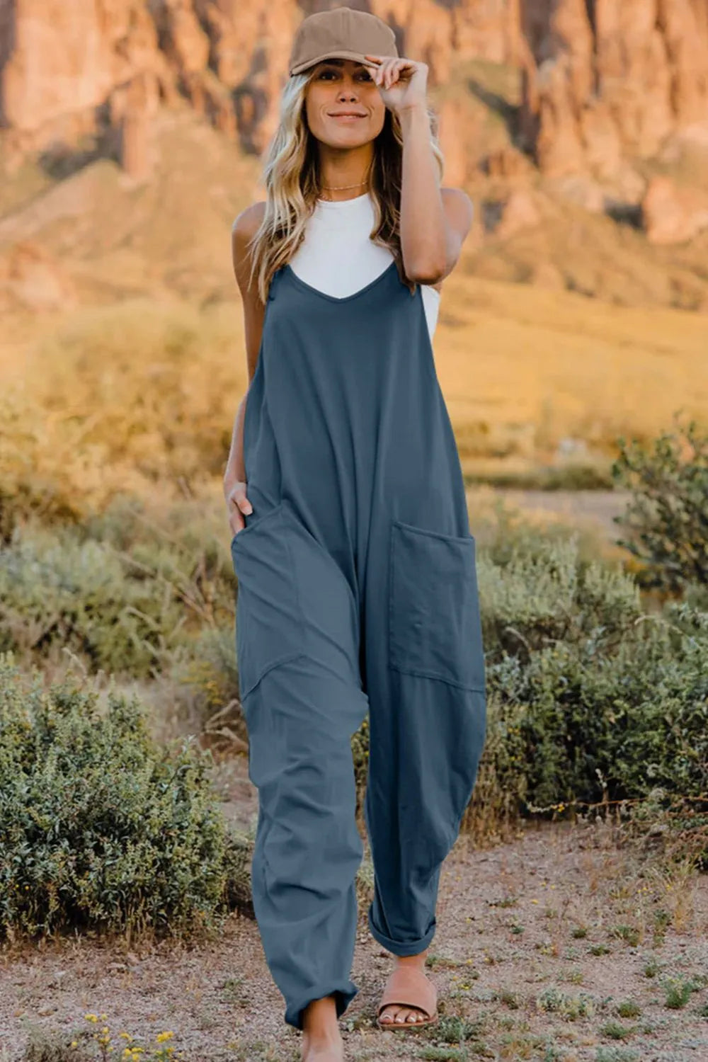 Double Take Full Size V-Neck Sleeveless Jumpsuit with Pockets by Trendsi