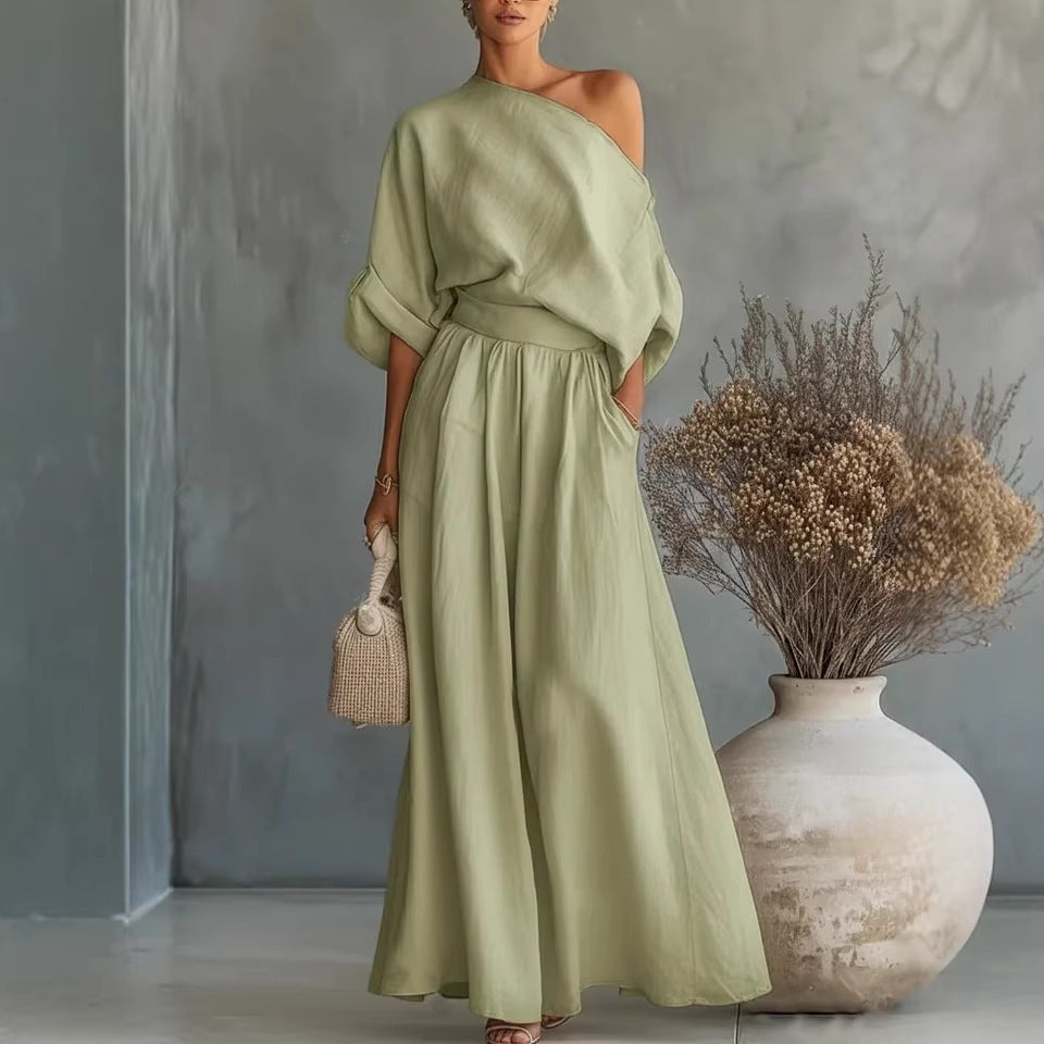 Elegant Fitted Asymmetrical Shoulder Top and Pants Two-Piece Set by eprolo