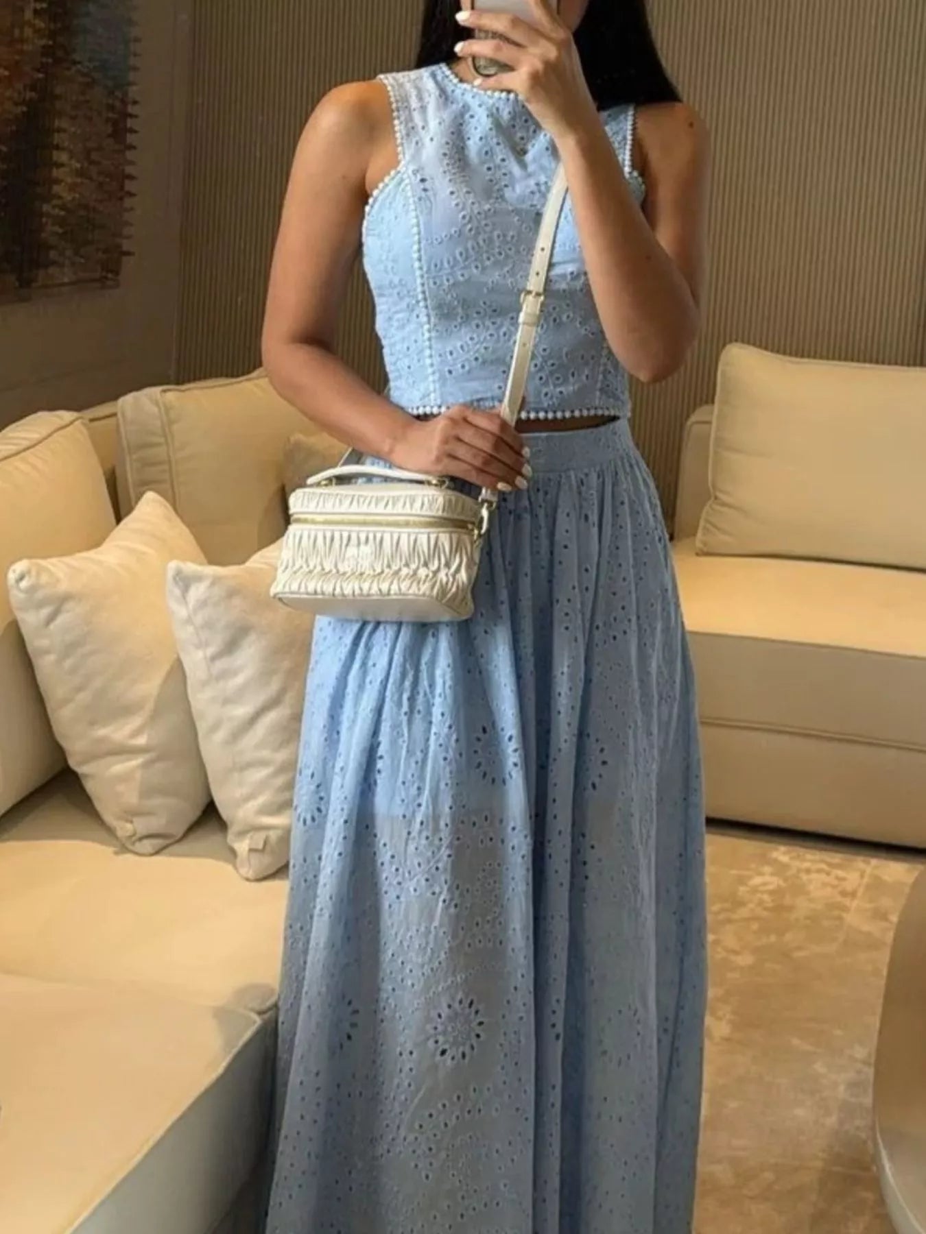 Eyelet Crop Top and Maxi Skirt Set by Trendsi