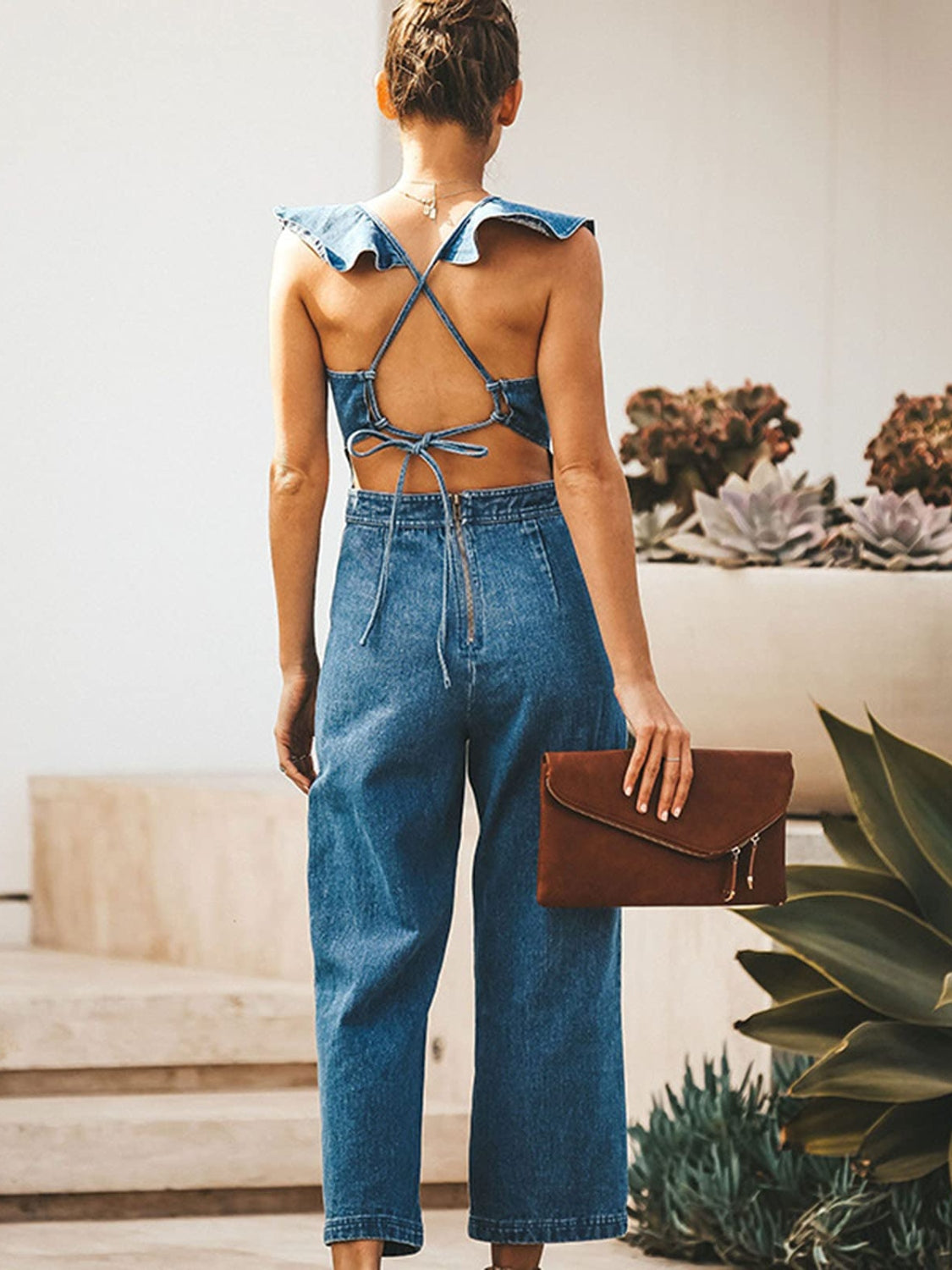 Ruffled Sleeveless Denim Jumpsuit by Trendsi