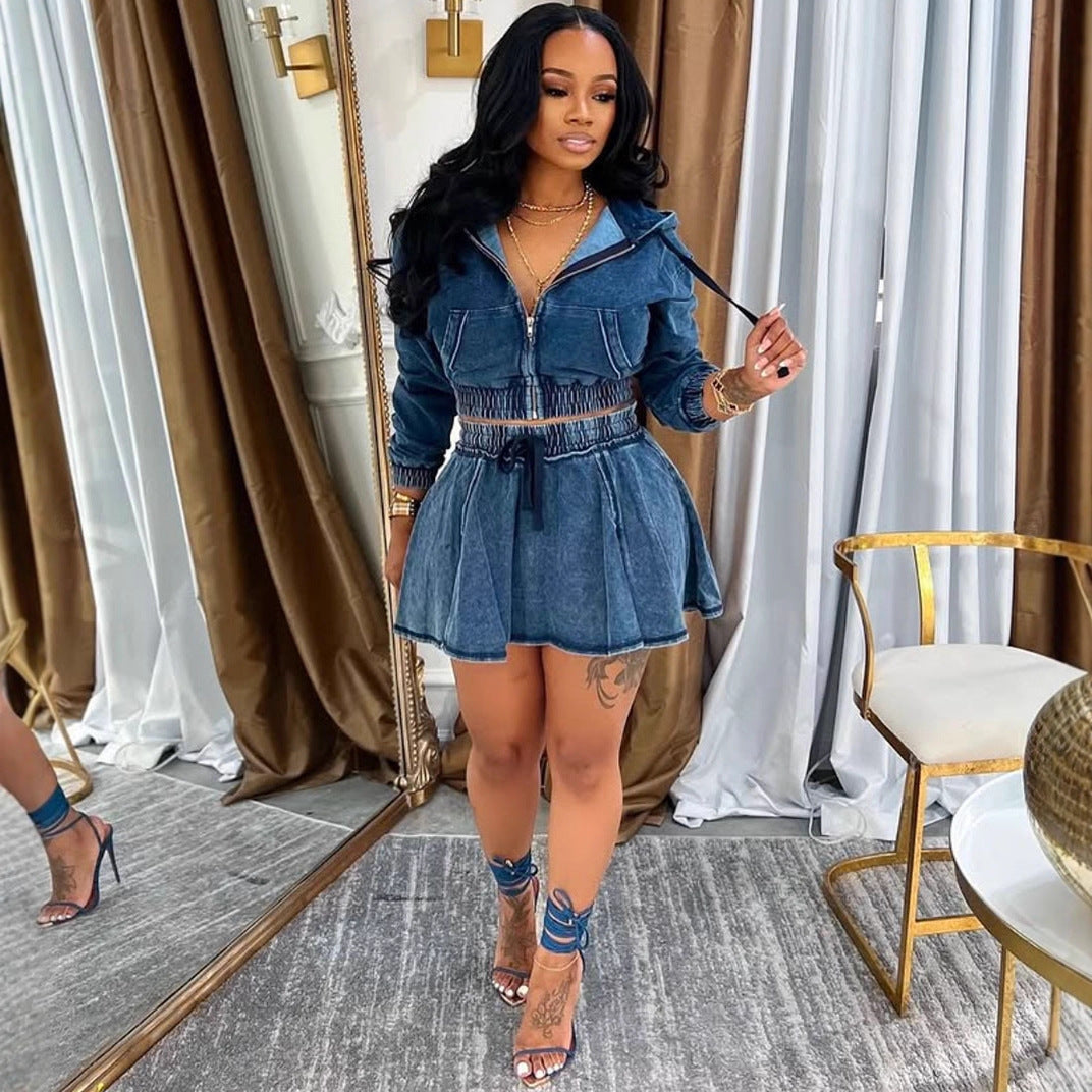 Women's Casual Dress Set, Washed Denim Jacket with Mini Skirt, Autumn Winter New Style Fashion Outfit by eprolo