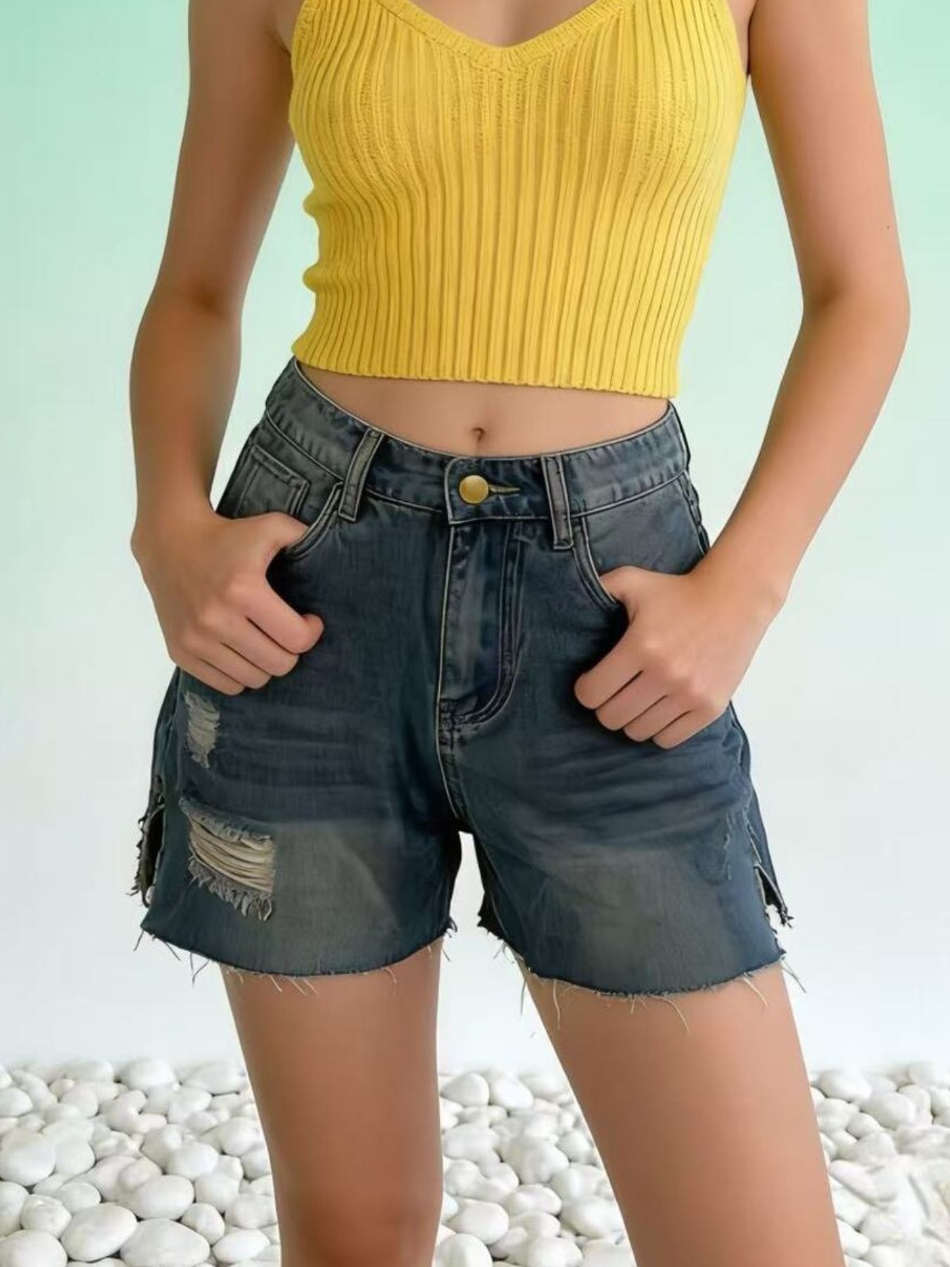Distressed Slit Denim Shorts by Trendsi