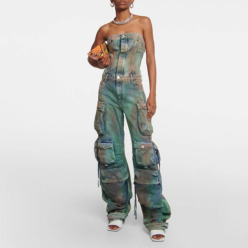 Patchwork Pockets Jumpsuit For Women Strapless Sleeveless High Waist Wide Leg Pant Streetwear Jumpsuits Female by eprolo