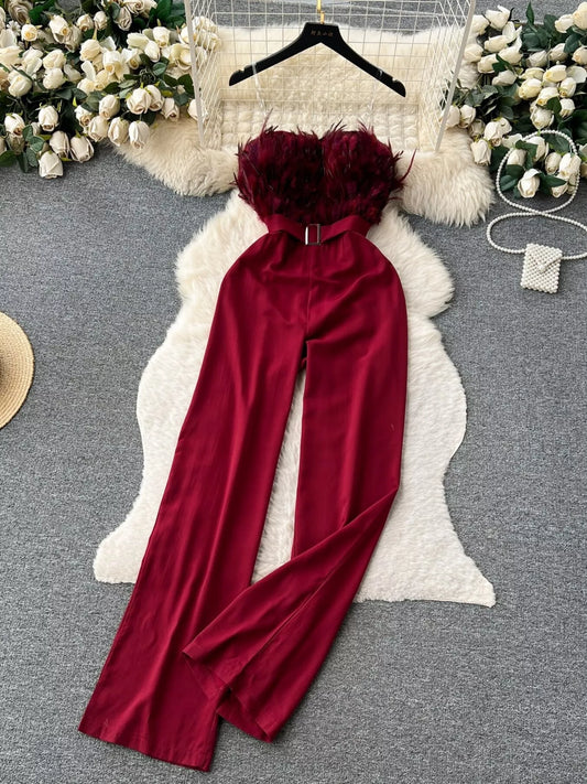 Feather Trim Strapless Wide Leg Jumpsuit by Trendsi