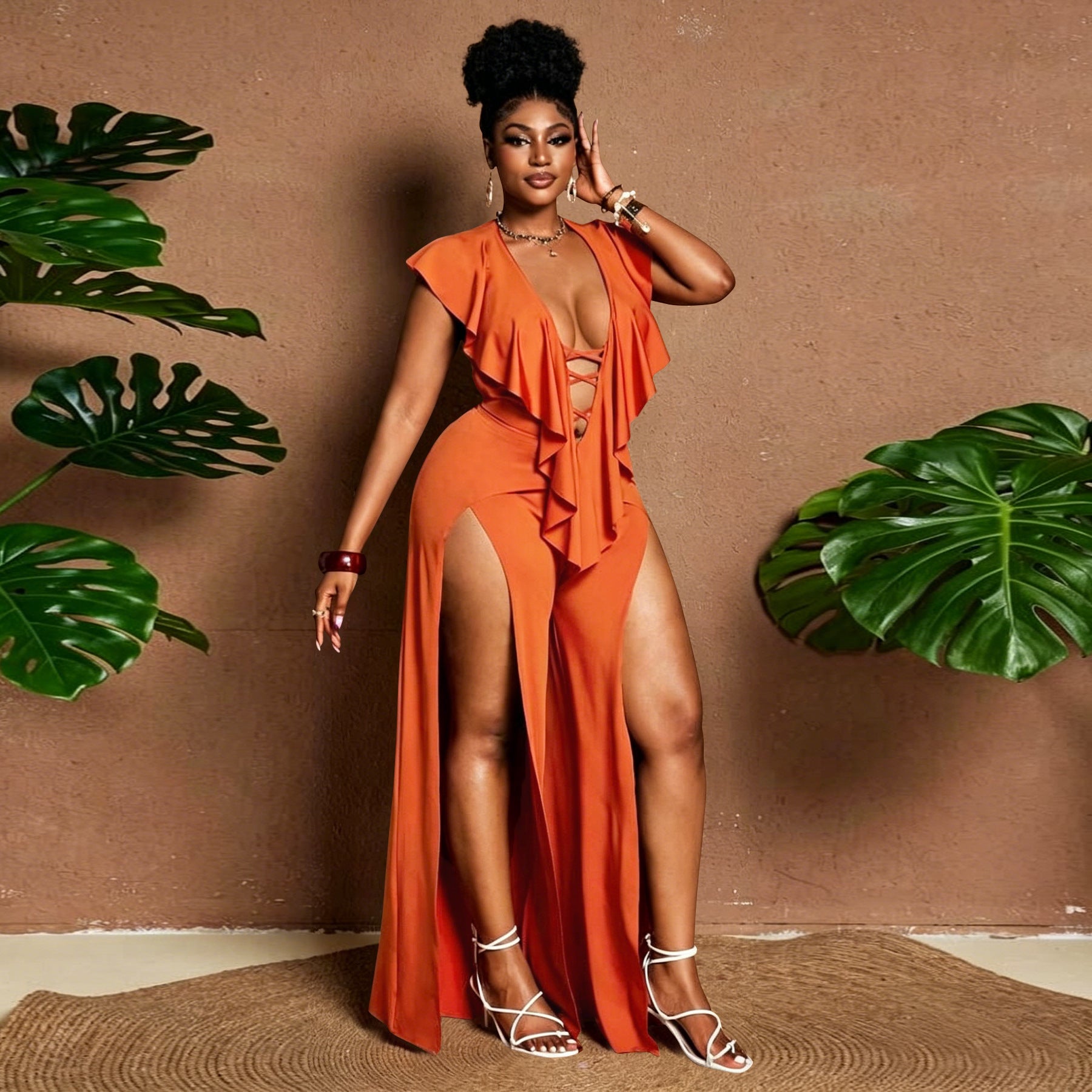 Womens Summer Ruffle-trimmed Wide-leg Split Jumpsuit by Royal Closet