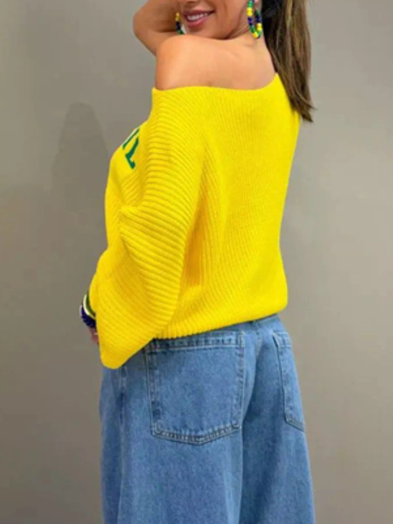 Brasil Letter Boat Neck Sweater by Trendsi