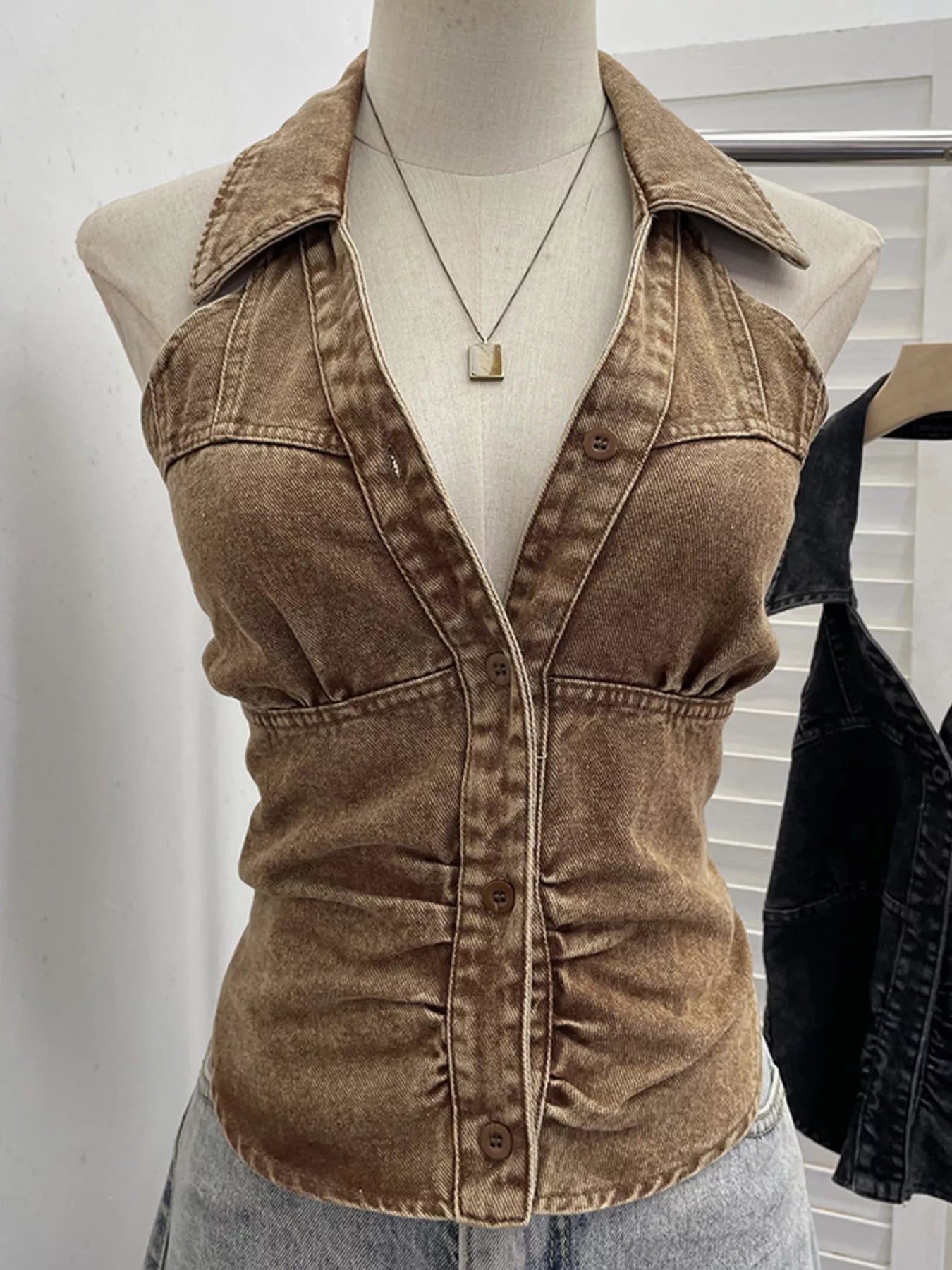 Smocked Denim Halter Collar Top by Trendsi