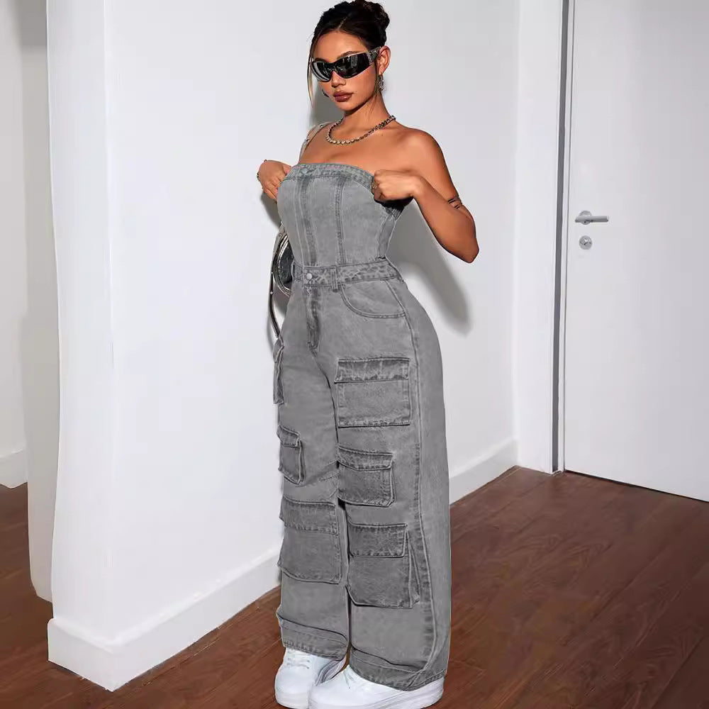 Women's Denim Jumpsuit Fashion Crop Top Multi-Pocket Utility Pants by eprolo