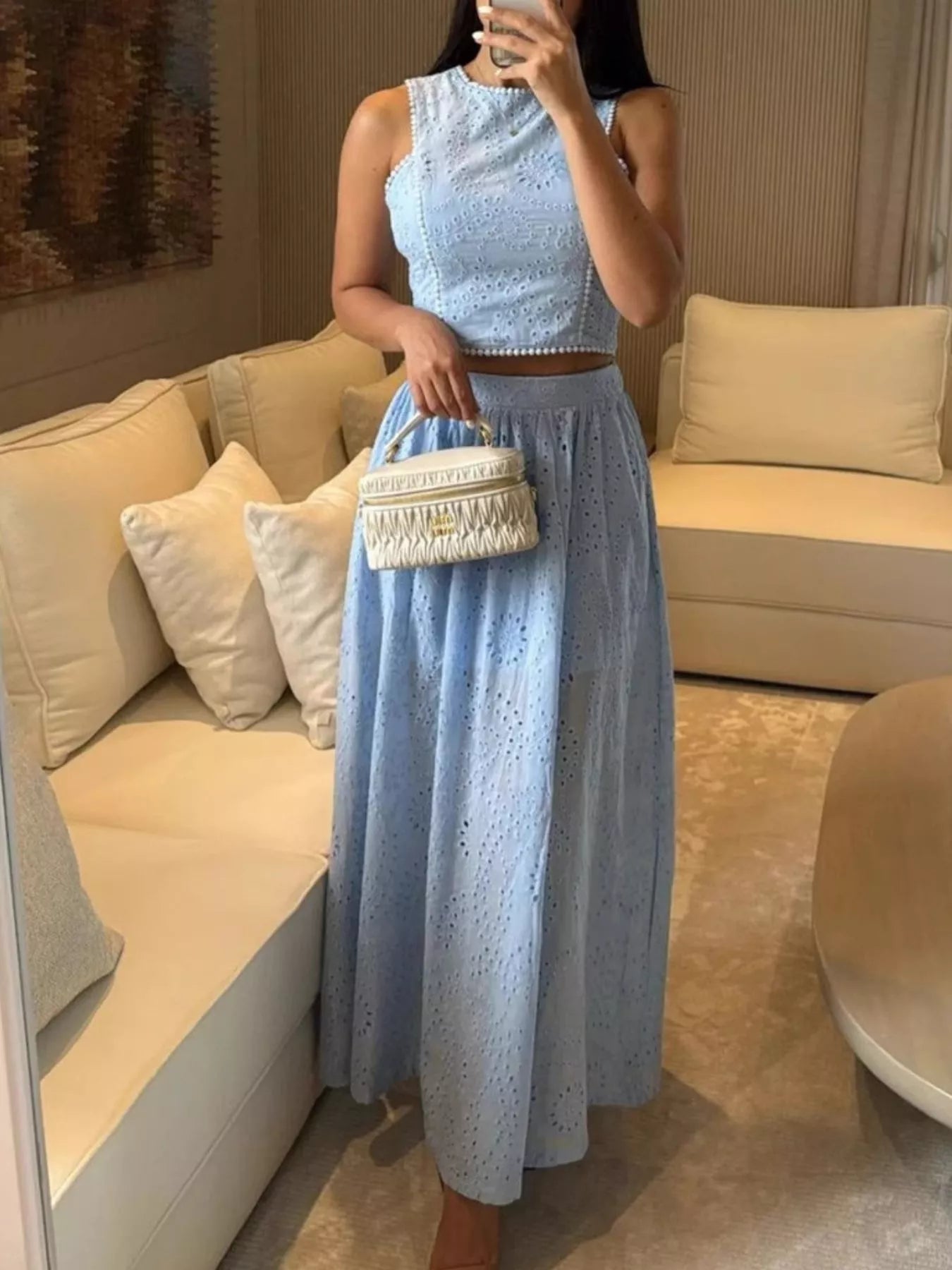 Eyelet Crop Top and Maxi Skirt Set by Trendsi