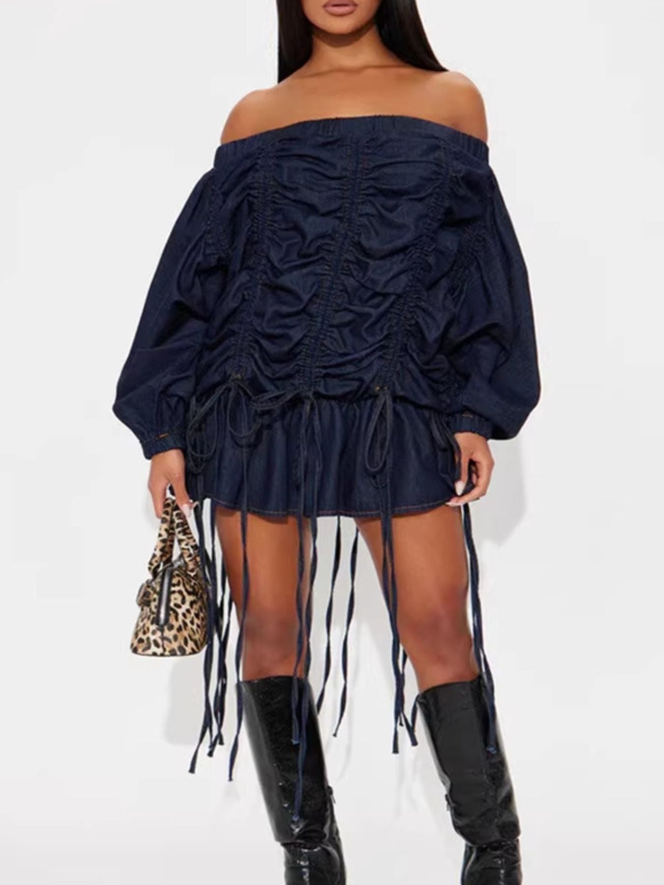 New In! Womens Off-Shoulder Ruched Denim Dress by Trendsi