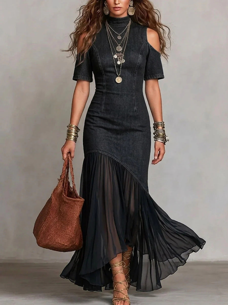 Off-shoulder Short-sleeve Mesh-hem Dress by Royal Closet