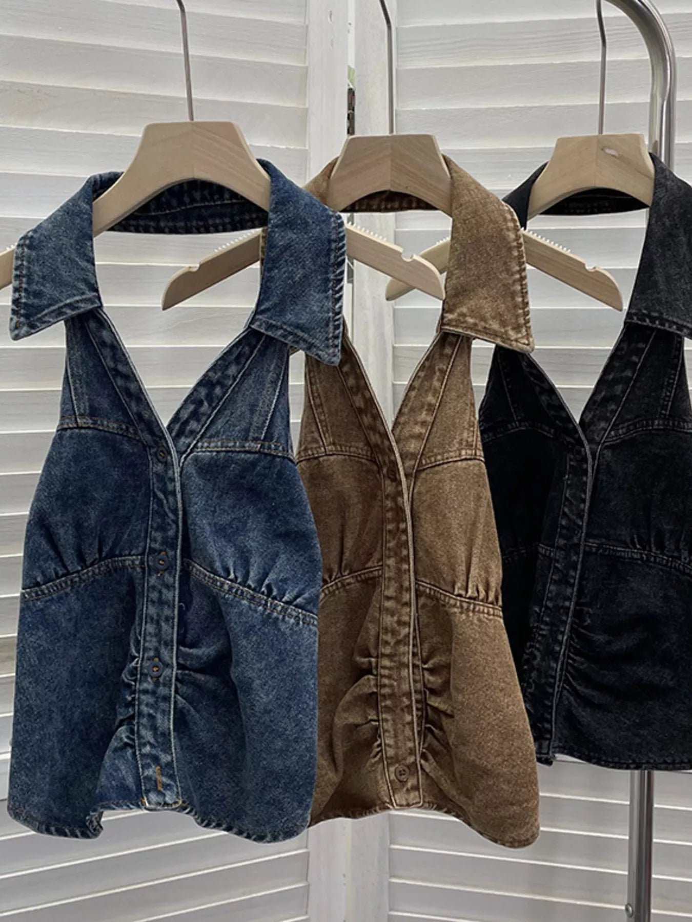 Smocked Denim Halter Collar Top by Trendsi