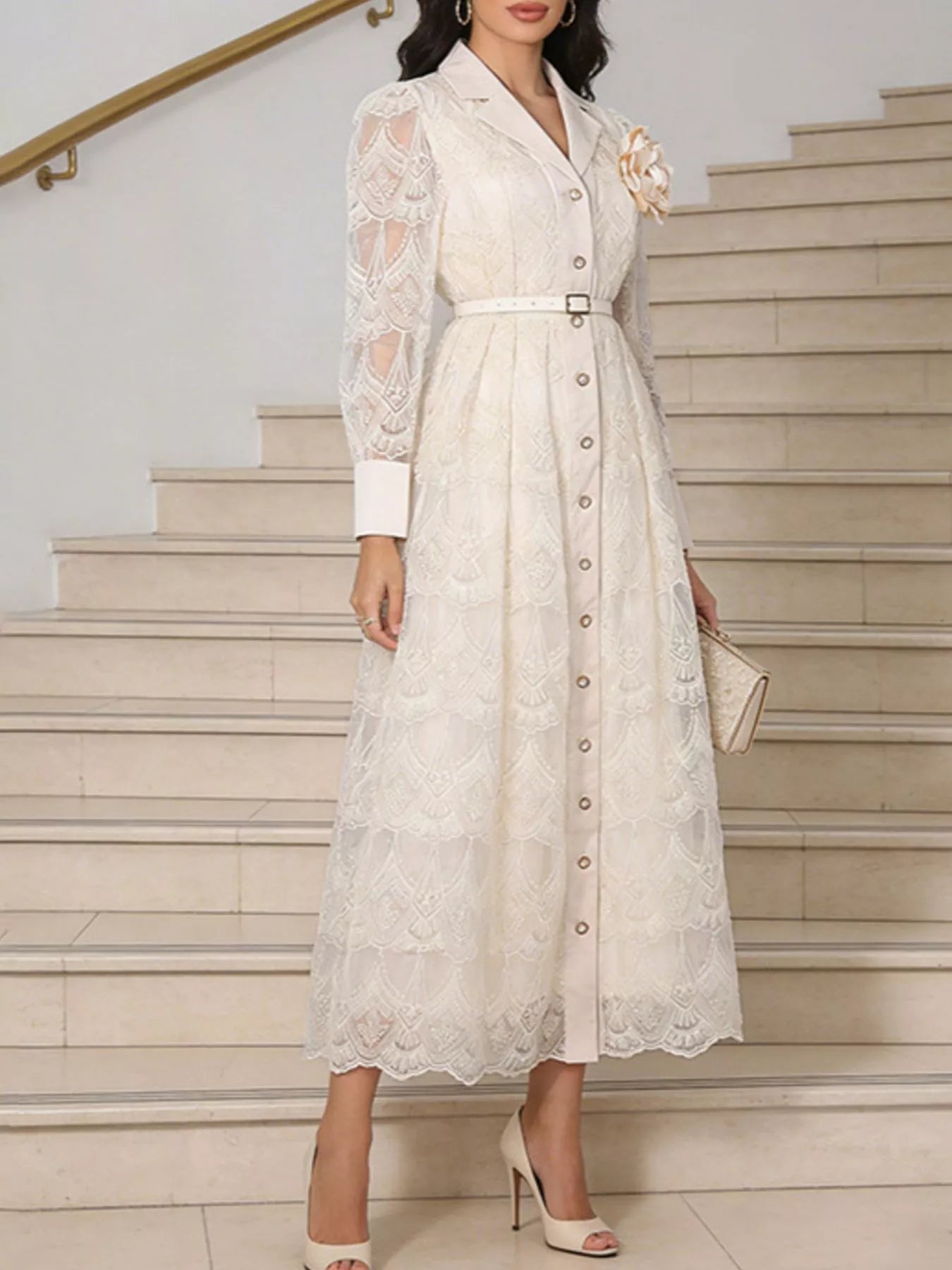Lace Button Front Midi Dress by Trendsi