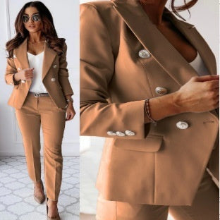 Casual Blazer Suit Slim Lapel Double-breasted Jacket And Zip-up Trousers Women's Clothing by Royal Closet