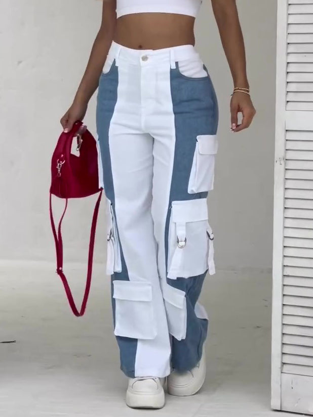 Contrast Pocket Cargo Jeans by Royal Closet