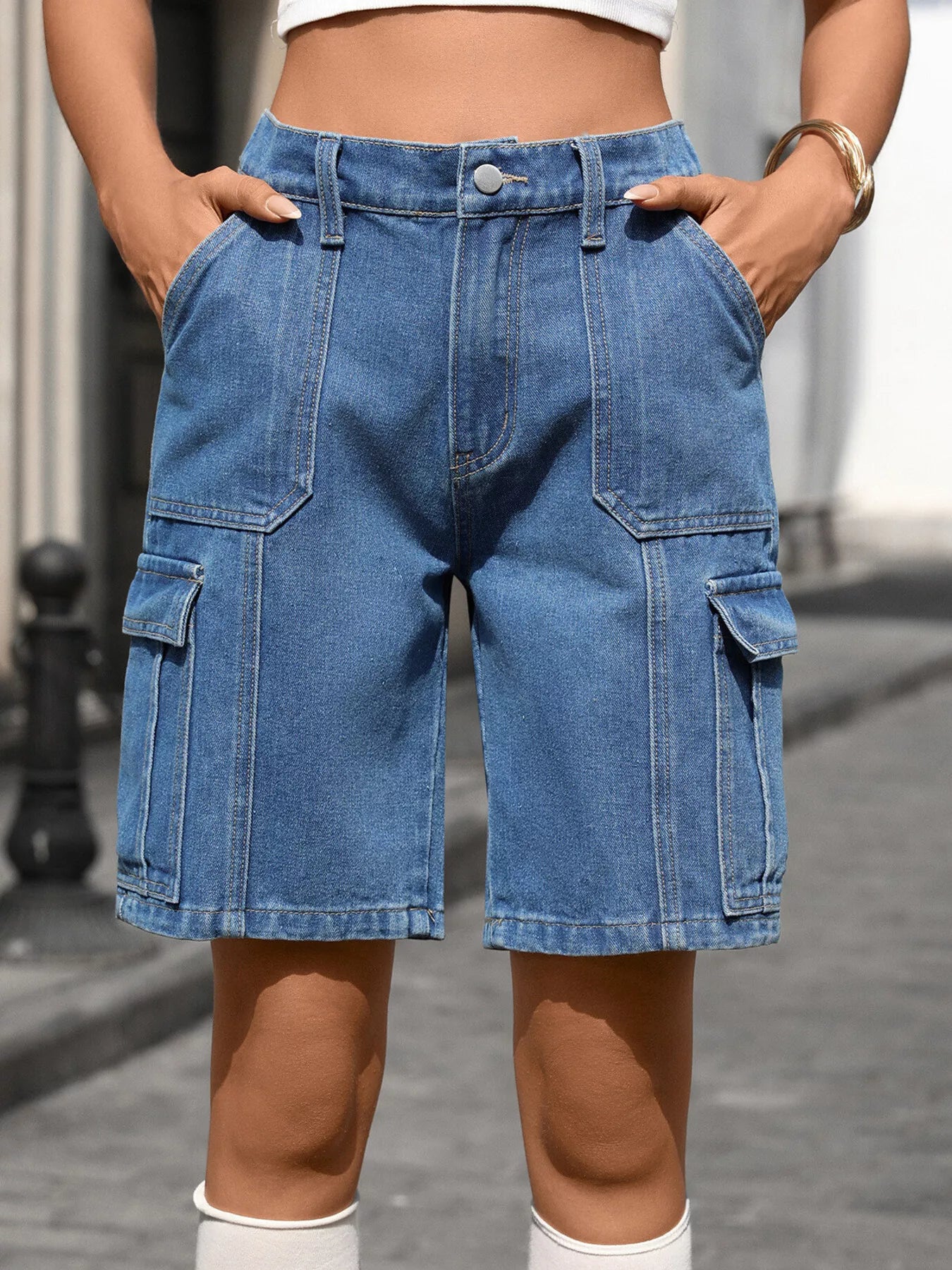 High-Waisted Wash Denim Shorts by Trendsi