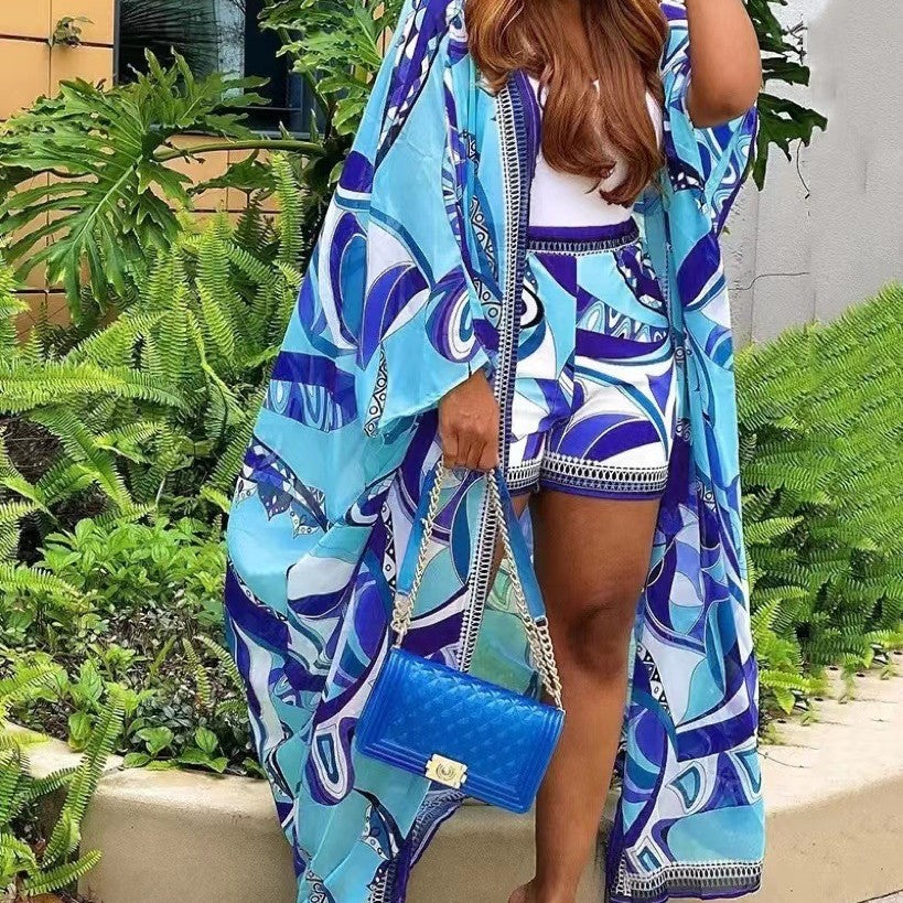 Printed Temperament Cardigan And Shorts Suit For Women by Royal Closet