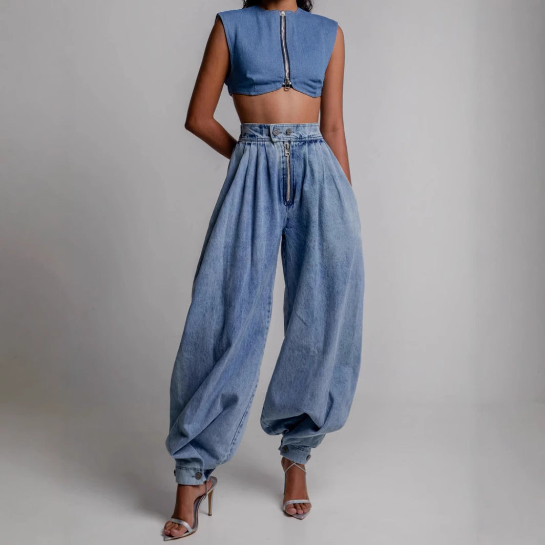 High Waist Zipper Denim Loose Harem Pants by Royal Closet
