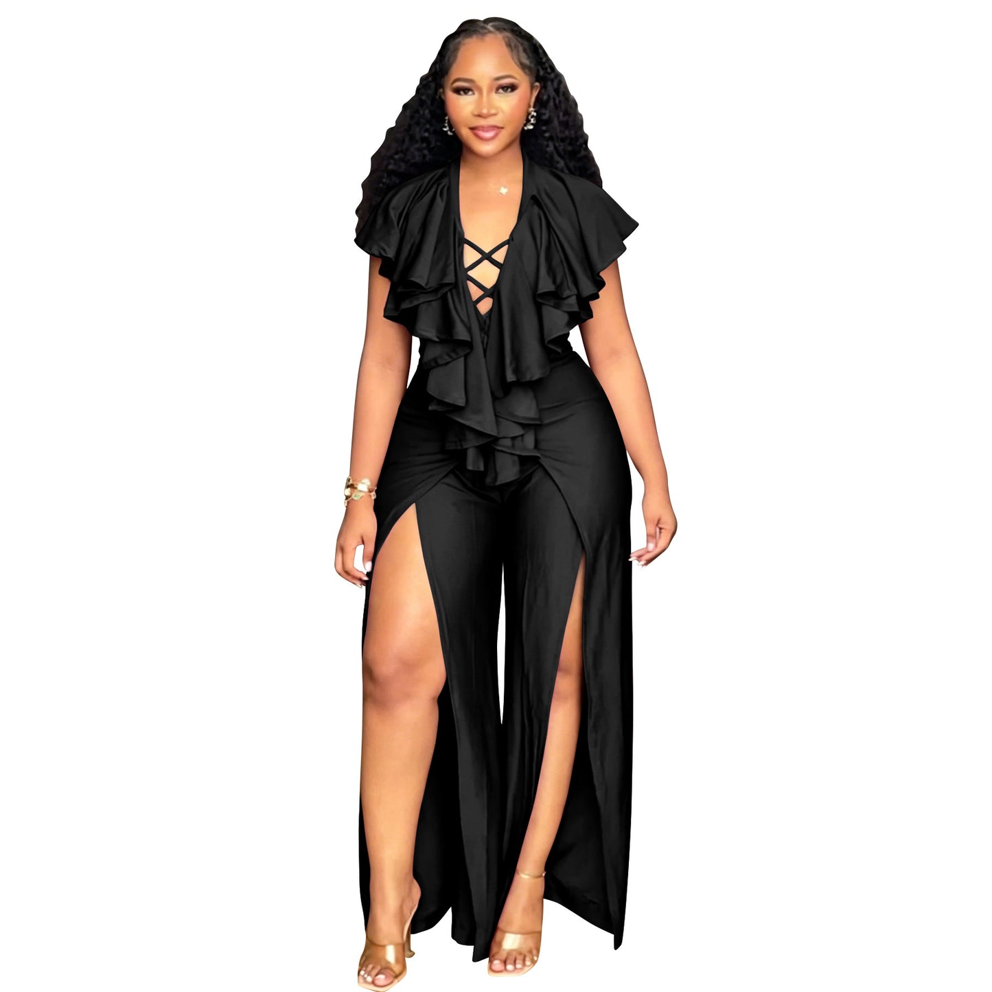 Womens Summer Ruffle-trimmed Wide-leg Split Jumpsuit by Royal Closet