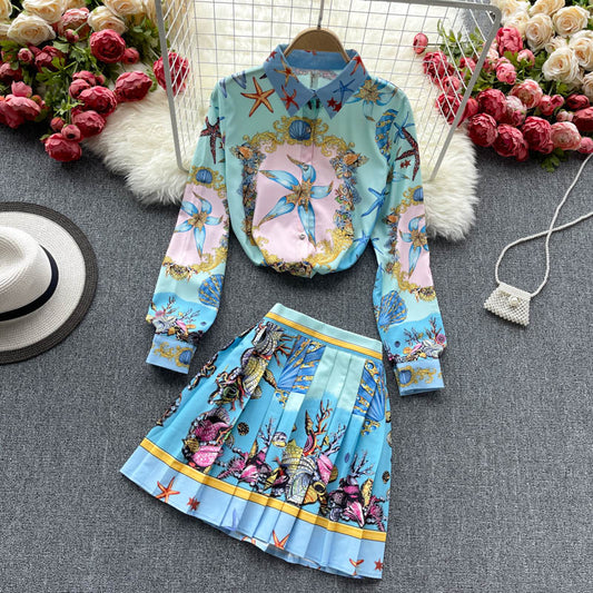 Spring New Women's Skirt Suits Long Sleeve Vintage Print Shirt Blouse And High Waist Fashion Pleated Skirts Two Piece Sets by eprolo