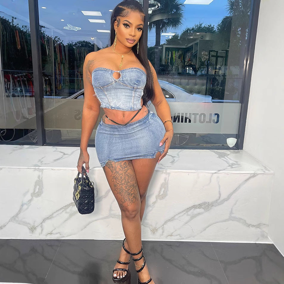 Women's Western Style Denim Dress Set Sexy Strapless Denim Top with Slit Mini Skirt by eprolo