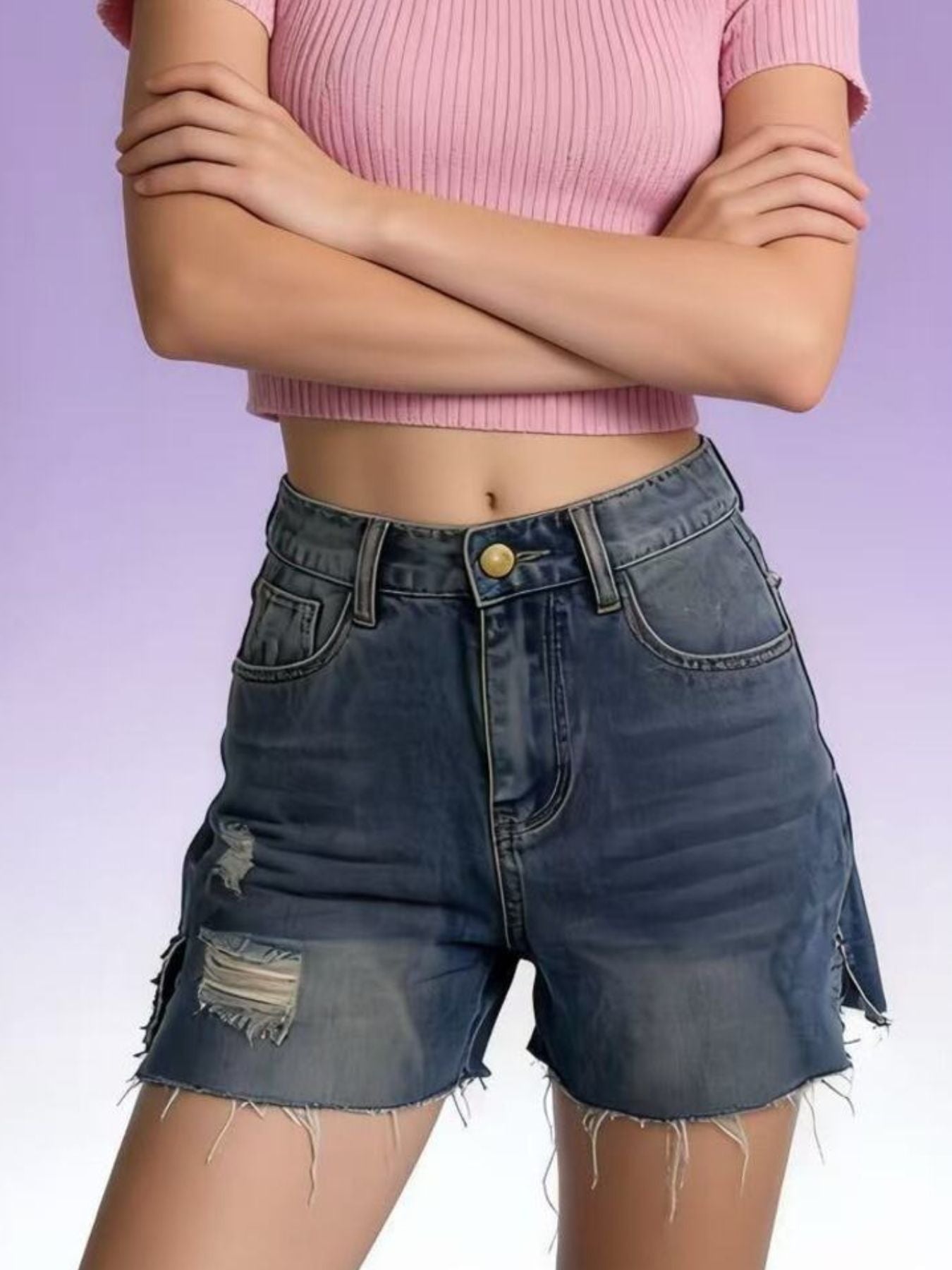 Distressed Slit Denim Shorts by Trendsi