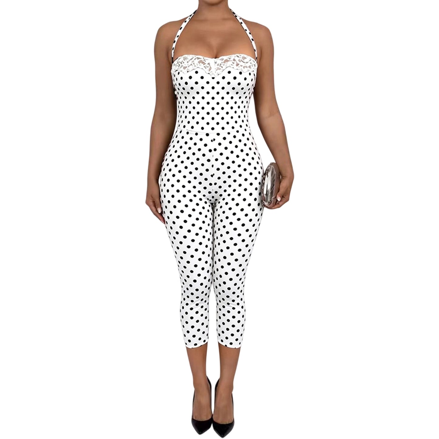 Wave point splicing lace lace neck strap jumpsuit by eprolo