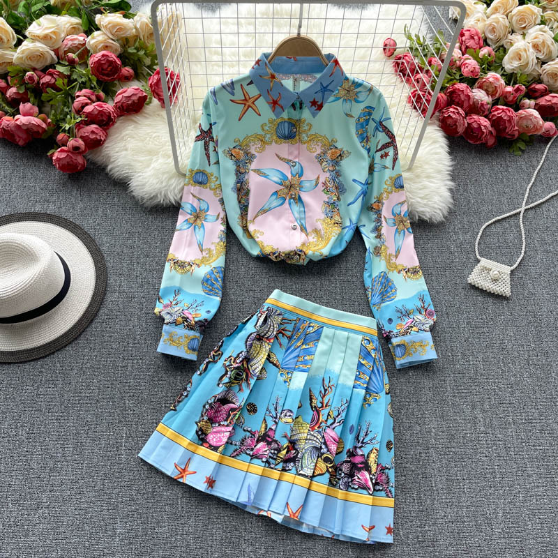 Spring New Women's Skirt Suits Long Sleeve Vintage Print Shirt Blouse And High Waist Fashion Pleated Skirts Two Piece Sets by eprolo