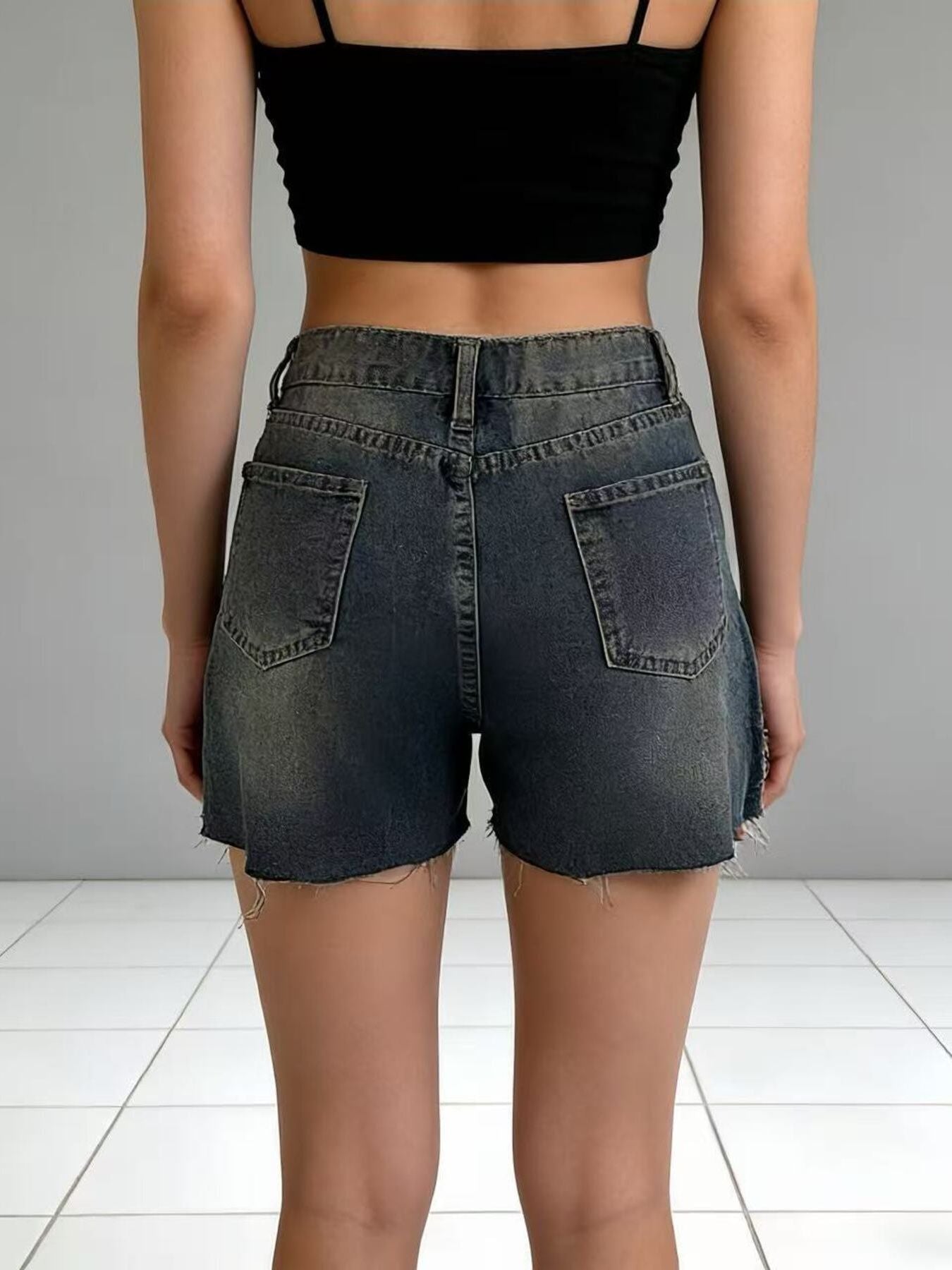 Distressed Slit Denim Shorts by Trendsi