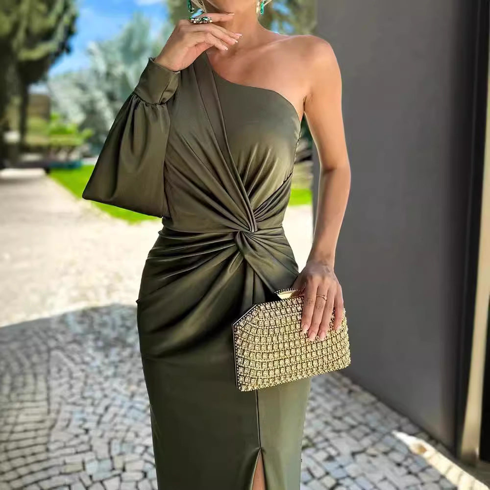 Women's Diagonal Shoulder Knot Split Solid Color Slim Fit Dress by Royal Closet