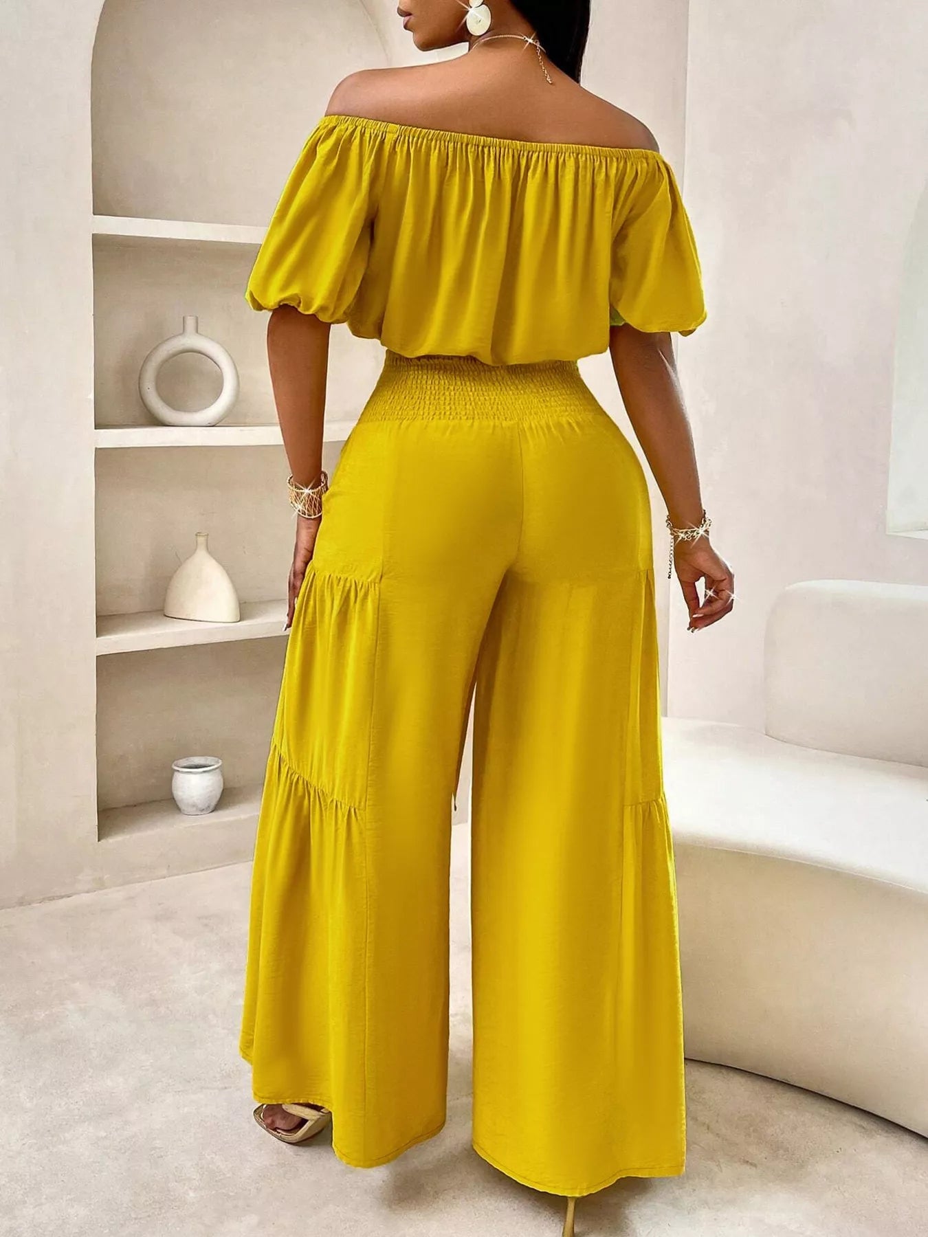 Womens Off-Shoulder Crop Top and Ruched Wide Leg Pants Set by Trendsi