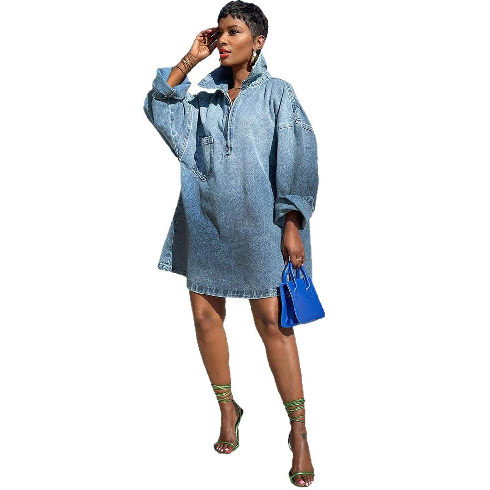 Chic Women's Loose Fit Dress with Turn-Down Collar, Gradient Color, Long Sleeve Denim Dress by eprolo