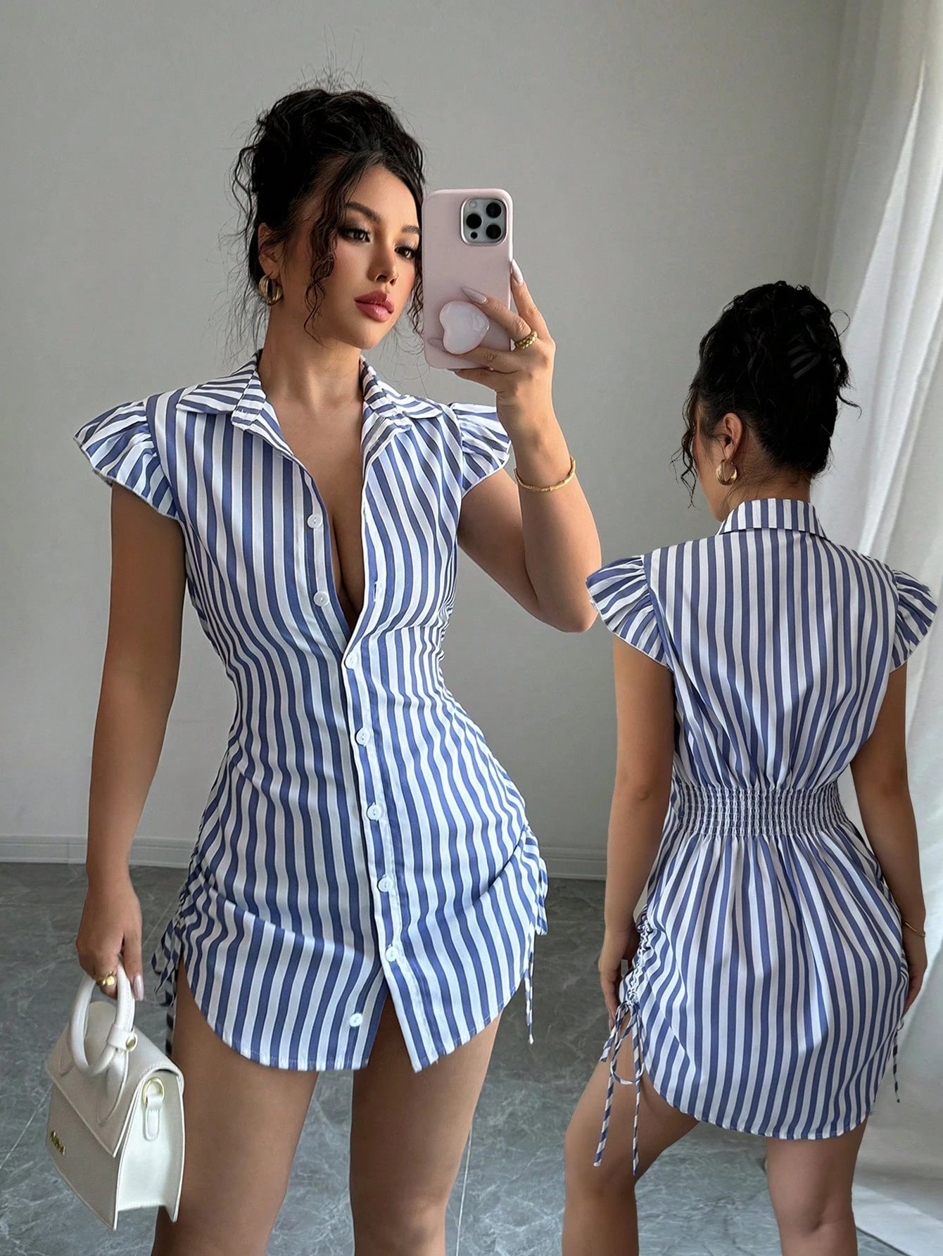 Striped Shirt-collar Casual Waist-cinched Chic Dress by Royal Closet
