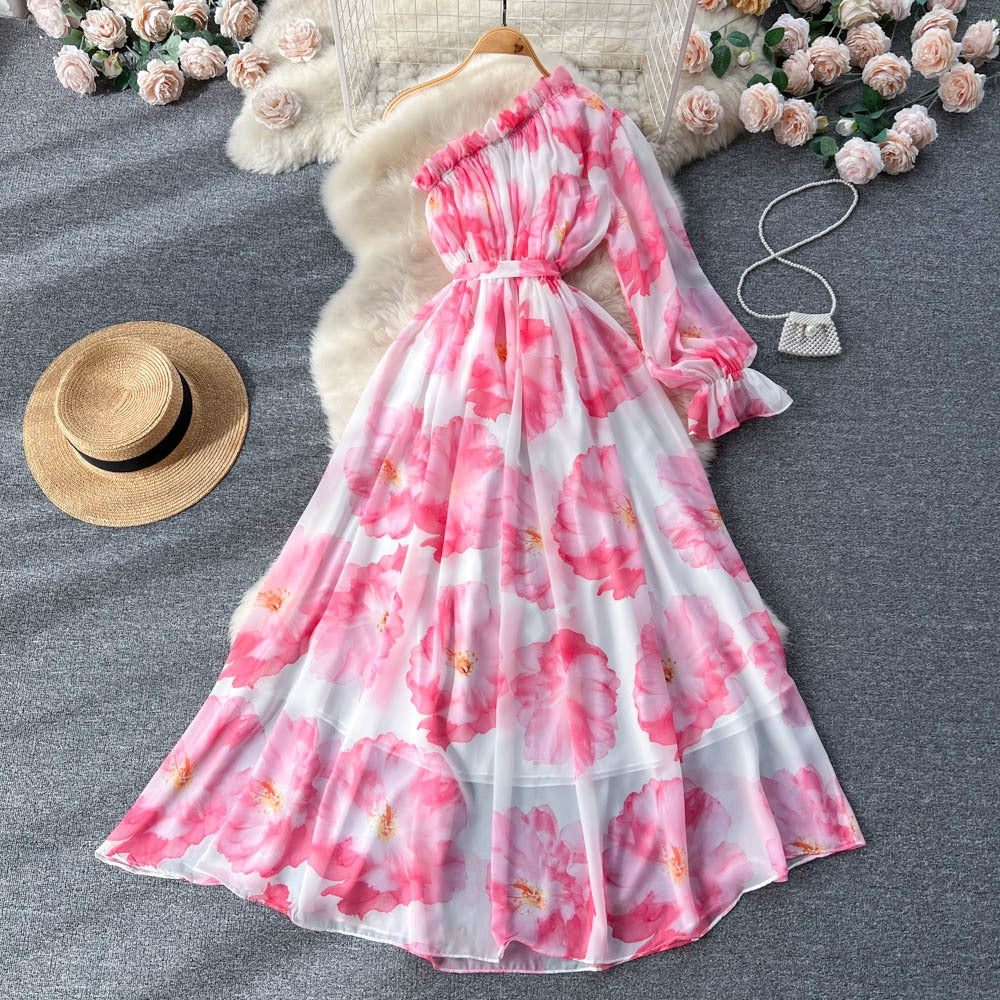 Oblique Shoulder Bubble Sleeves Chiffon Dress Womens Bubble Sleeves Wrapped Waist Large Swing Flower Fairy Long Dress by eprolo