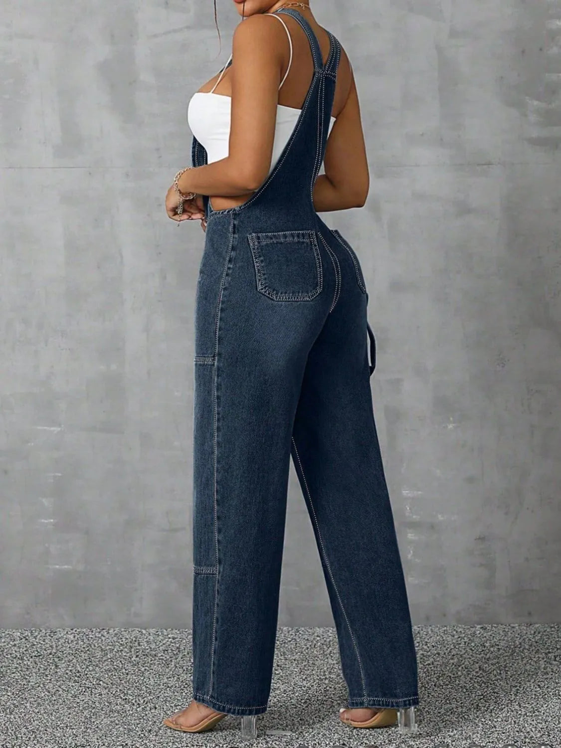Zip Front Wide Strap Denim Overalls by Trendsi