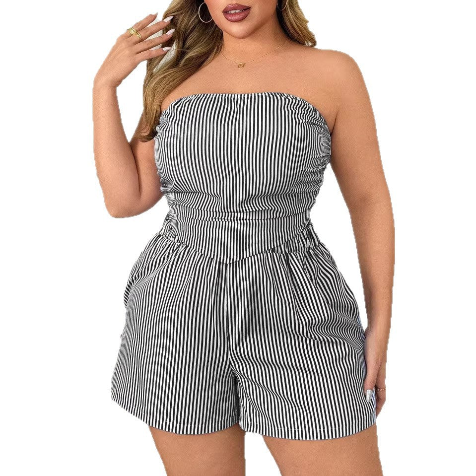 New Women's Sexy Striped Crop Top and Shorts Two-piece Set by eprolo