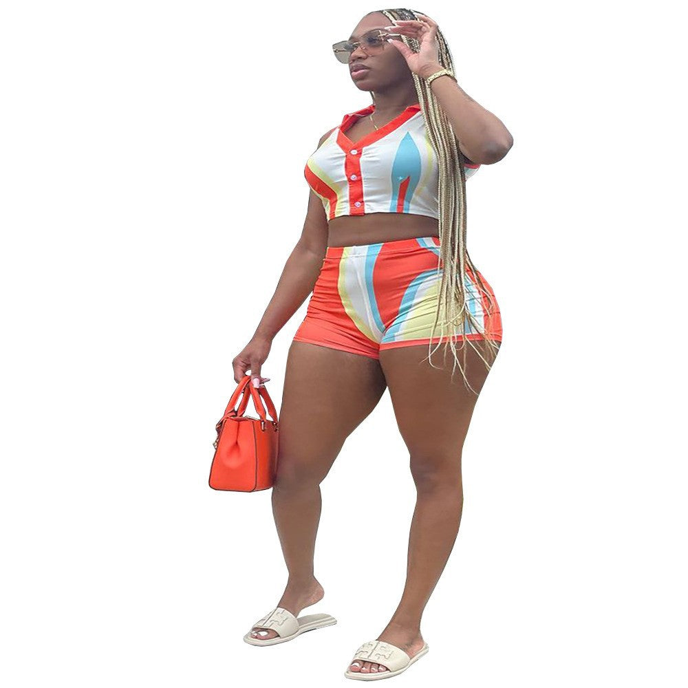 Women's Sexy Pants Set Fashion Casual Printed Sleeveless Top Elastic Waist Shorts by eprolo