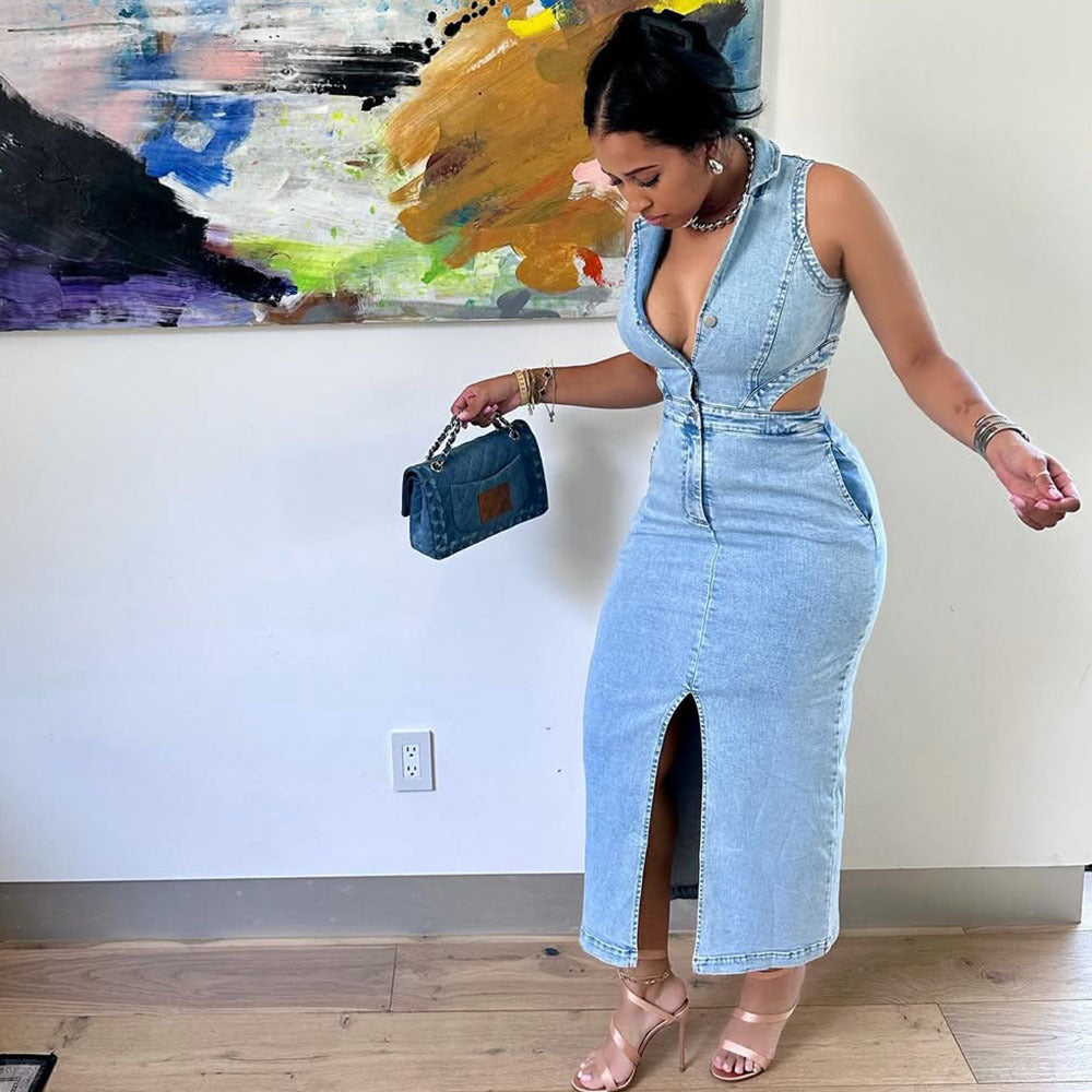 Women's Denim Dress, Fashion Sexy Sleeveless Flip Collar Split Dress by eprolo
