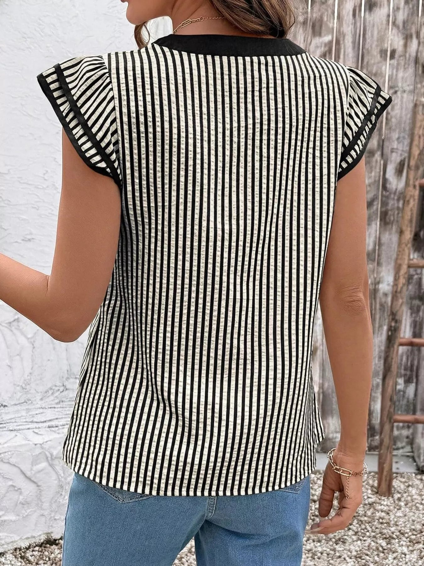 Striped Ruffle Sleeve Blouse by Trendsi