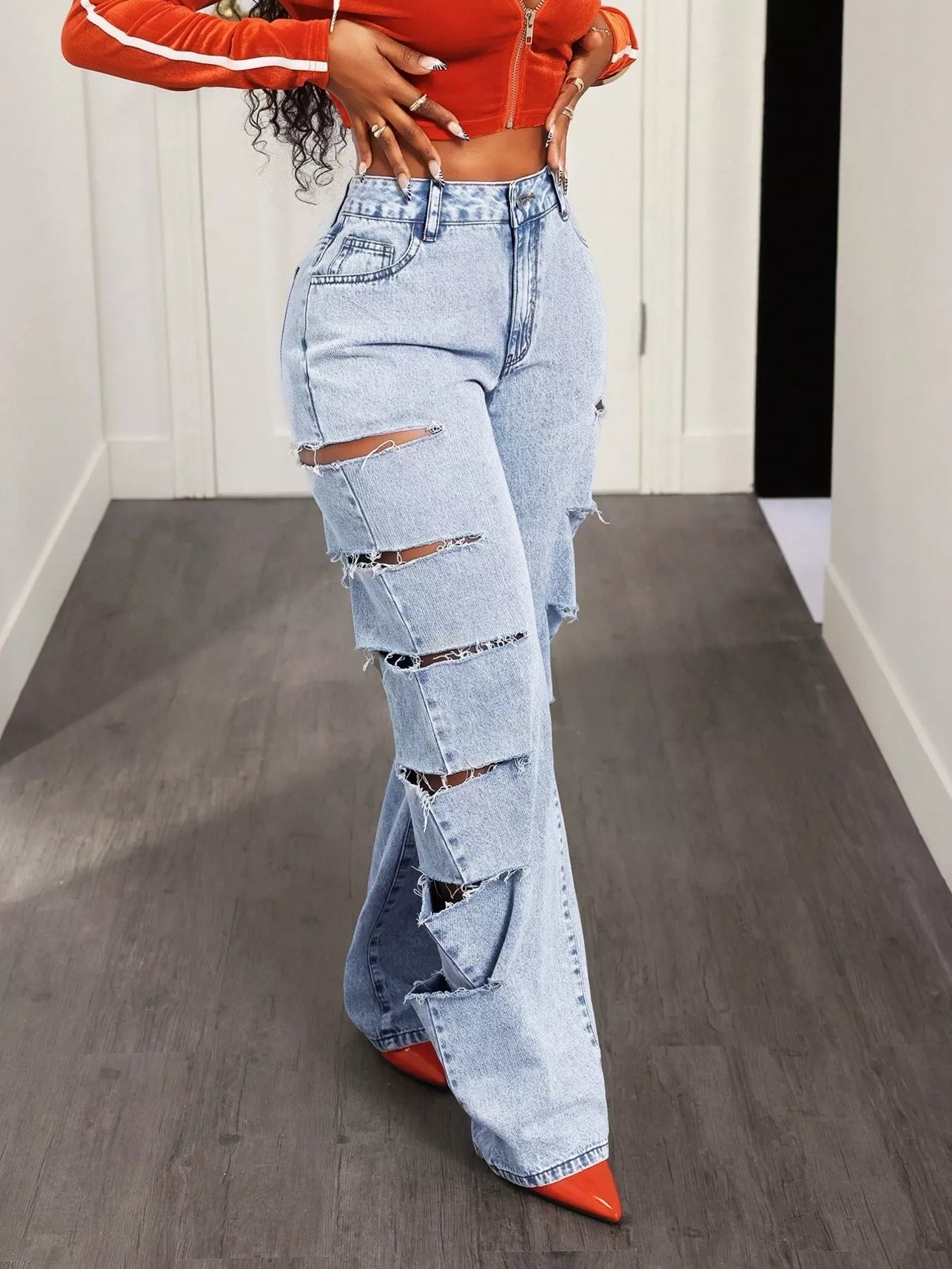 Distressed Wide Leg Jeans by Trendsi